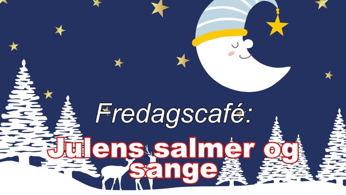 Billedet viser en festlig natte-scene med en halvmåne, der bærer en hat, omgivet af stjerner og juletræer. Nede under står der 