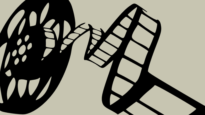 En sort og hvid tegning af en filmrulle og en filmprojektor