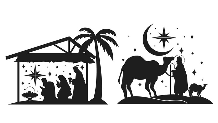 Vier Silhouetten von Weihnachtskrippe-Szenen mit Engeln und Sternen