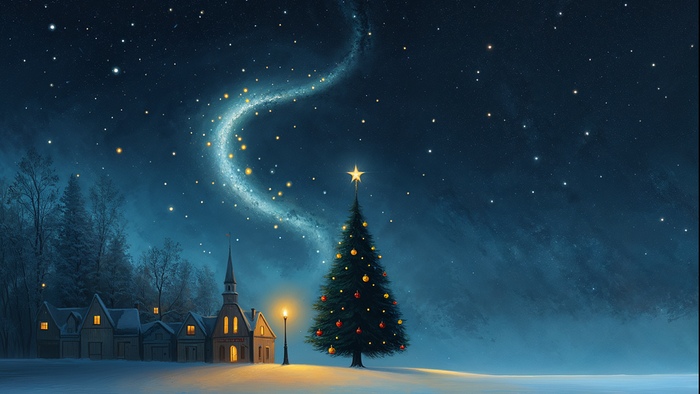 Sneet nat med juletræ og landsby, oplyst af en klar stjernebane.