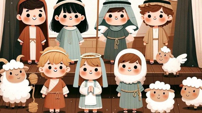 Ein fröhliches Weihnachtsbild mit Engeln, Schafen und einer Krippe