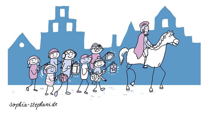 Illustration: Sankt Martin auf dem Pferd, dahinter zieht eine Kindergruppe mit Laternen