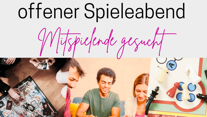 Plakat für eine Veranstaltung mit Kindern, die Spiele spielen, mit Details auf Deutsch.