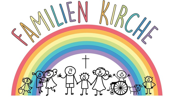 Schriftzug Familienkirche über Regenbogenfarben, unten Kinder
