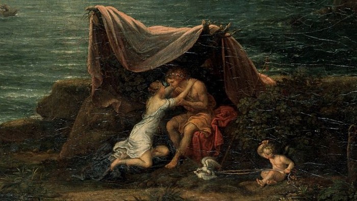 En maleri af tre nakne kvinder under en klippeoverhang ved stranden