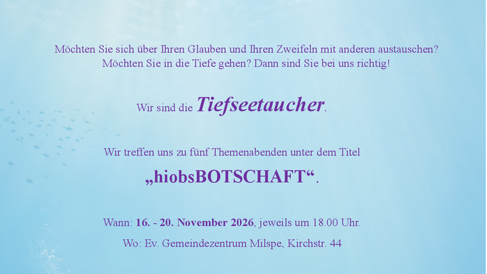 Ein Flyer für eine Bibelstudienveranstaltung mit dem Thema Tiefseetauchen mit dem Titel **