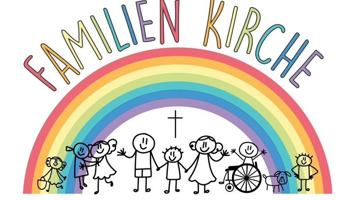 Schriftzug Familienkirche über Regenbogenfarben, unten Kinder