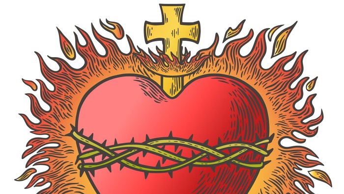 Ein flammendes Herz mit Dornen und Kreuz, symbolisch und lebhaft dargestellt