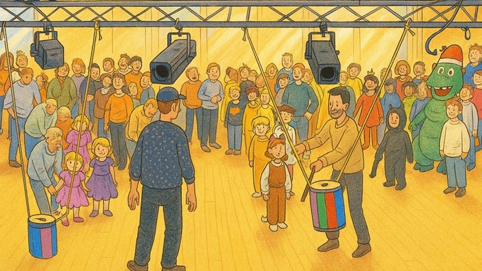 Børn, der leger i en gymnastiksal med voksne og farverige legetøj.