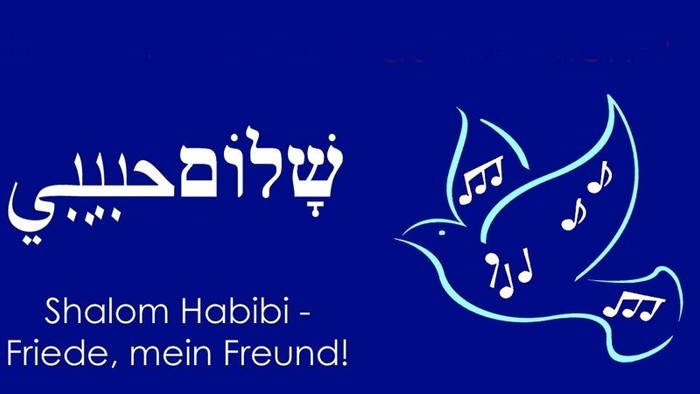 Friedliches Bild mit einem Friedenstaube und hebräischer und deutscher Schrift