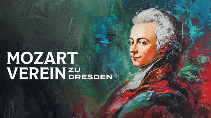 "Porträt von Mozart mit farbenfrohem Hintergrund, Text *„Mozart Verein zu Dresden“*"