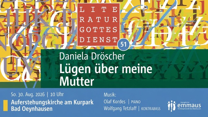 Plakat zur literarischen Veranstaltung mit dem Titel *„Lügen über meine Mutter“* von Daniela Dröscher am 30. August 2026 mit Musik.