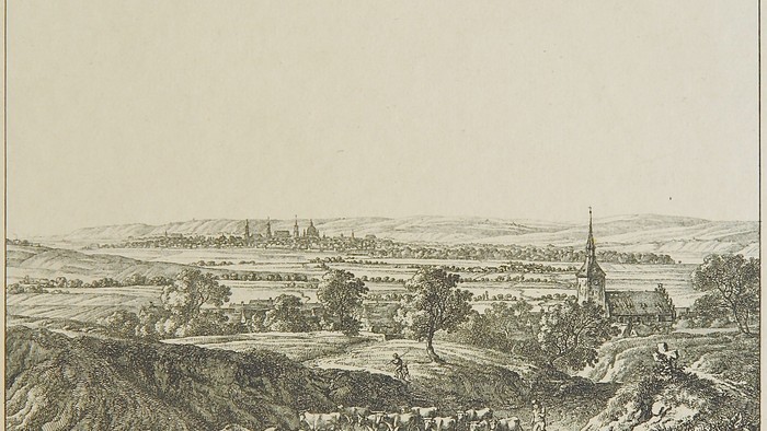 Radierung Blick zur Kirche