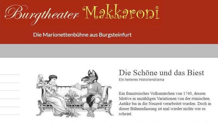 Das Bild zeigt ein Theaterplakat für *„Die Schöne und das Biest“* am Burgtheater Makkaroni, das in einem historischen Dramenstil mit Illustrationen gestaltet ist.