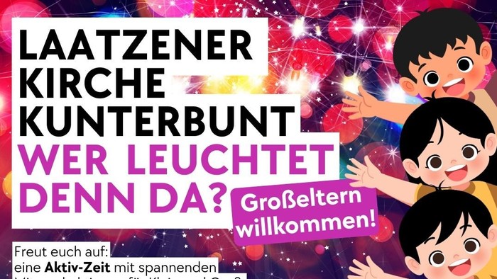 Ein Veranstaltungsflyer lädt Großeltern und Kinder zu einer bunten, interaktiven Kirchenaktivität am 24. Januar ein, mit Bastelangeboten, Bibelgeschichten und einem gemeinsamen Essen.