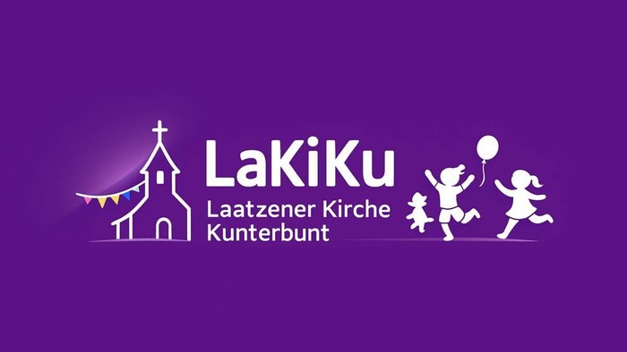 Das Bild zeigt ein Logo für LaKiKu, das eine Kirche und Kinder darstellt, die mit Luftballons auf einem violetten Hintergrund spielen.