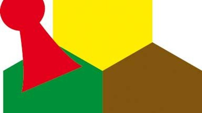Drei farbige Sechsecke, grün, gelb und braun, mit einem roten Kleeblatt-ähnlichen Symbol