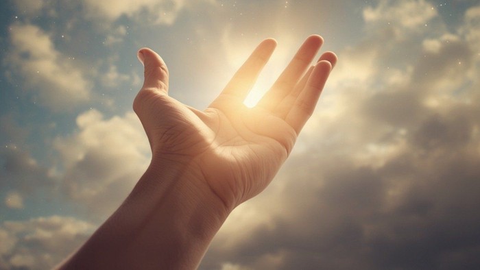 Eine Hand, die nach oben zu einem strahlenden, sonnenbeschienenen Himmel mit sanften Wolken und Sternen greift.