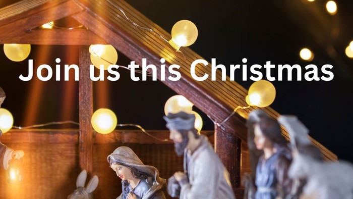 Nativity scene with figures and lights, Christmas decoration