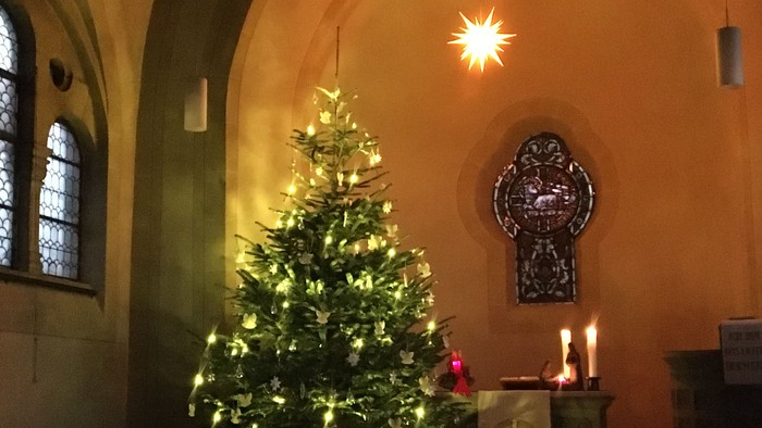 hier sieht man denn geschmückten und hell strahlenden Tannenbaum in der Johanneskirche, oben rechts leuchtet ein Herrnhuter Stern.