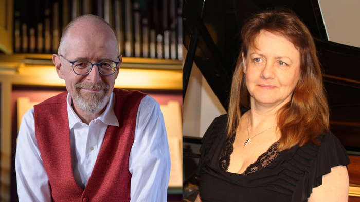 To billeder af en mand og en kvinde ved et piano