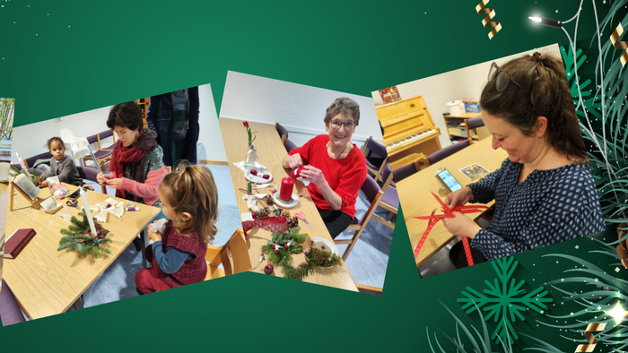 En række billeder af en julefrokost, hvor folk spiser, drinker og åbner gavler