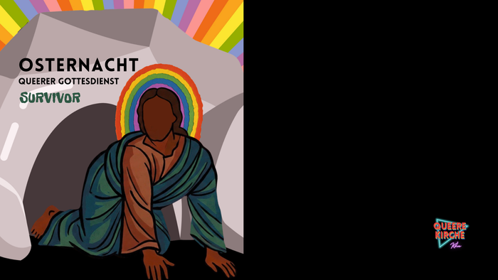 Illustriertes Cover für einen queeren Ostergottesdienst mit dem Titel *„Survivor“*, das einen Regenbogen-Heiligenschein und eine kniende Figur zeigt.
