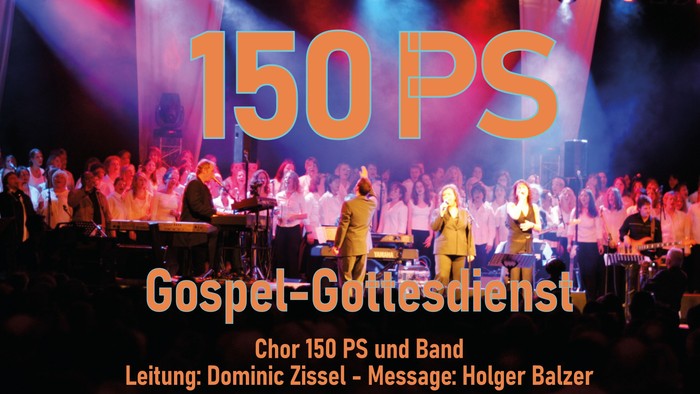 Plakat für einen Gospel-Gottesdienst mit Chor 150 PS am 12. September 2026, inklusive Musik- und Predigtinformationen.