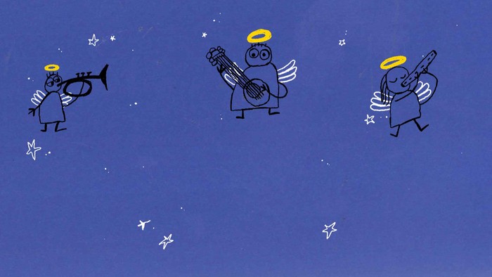 Tre tegnede figurer med vingespærre og halos spiller musik på himmelblå baggrund med stjerner.