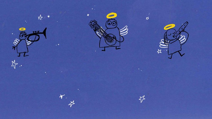 Tre tegnede figurer med vingespærre og halos spiller musik på himmelblå baggrund med stjerner.