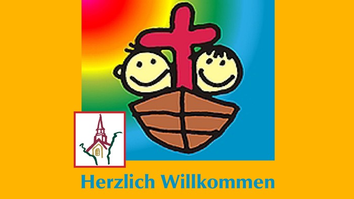 Das Bild zeigt zwei Kinder mit einem Kreuz und einem Korb, mit einem Logo und Begrüßungstext.