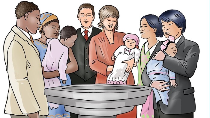 Familie lässt Neugeborenes taufen, Pfarrer und Gemeinde dabei