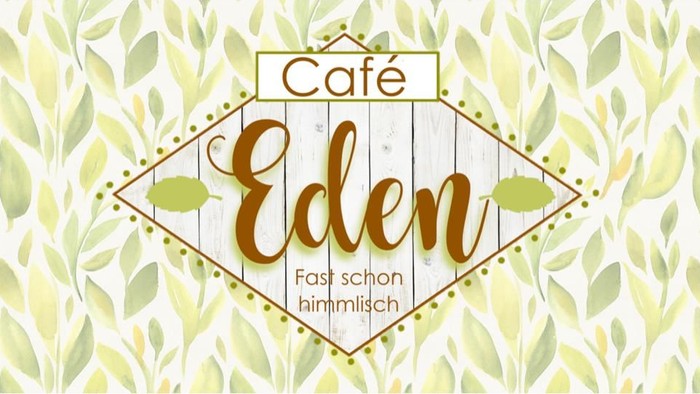Das Bild zeigt das Logo des Cafés Eden mit einem Blättermuster im Hintergrund.