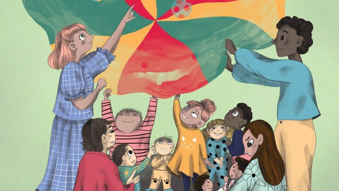 Børn og voksne danser med farverige faner og musikalske noter flyver.