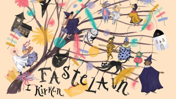 Illustret og farverigt TasteLawn-motiv med forskellige figurer og dyr.