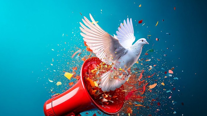 Ein Megafon mit Taube und Konfetti, Text: 