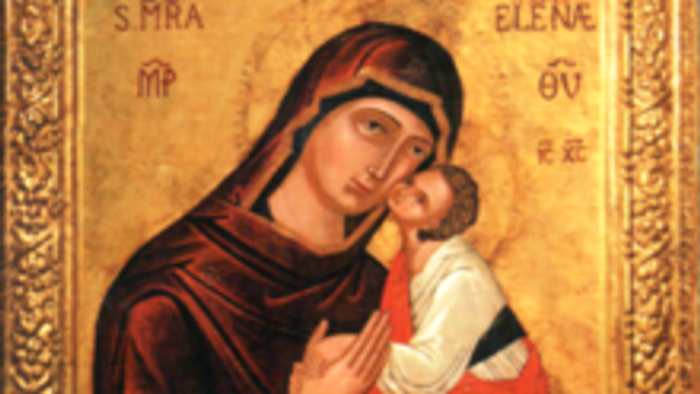 Billedet viser en ikon af Maria og Jesus.