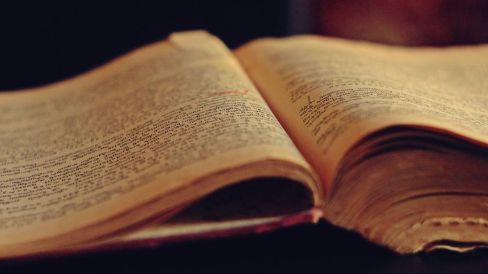 Et åbent bog med gule sider og svart tekst.