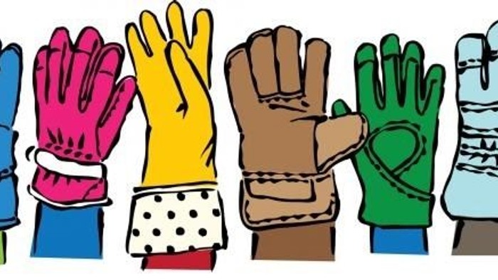 Six colorful gloves in various styles and patterns, each with distinct designs and colors.