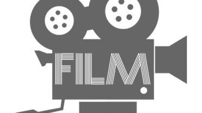 En stiliseret grå filmkamera-ikon med ordet **