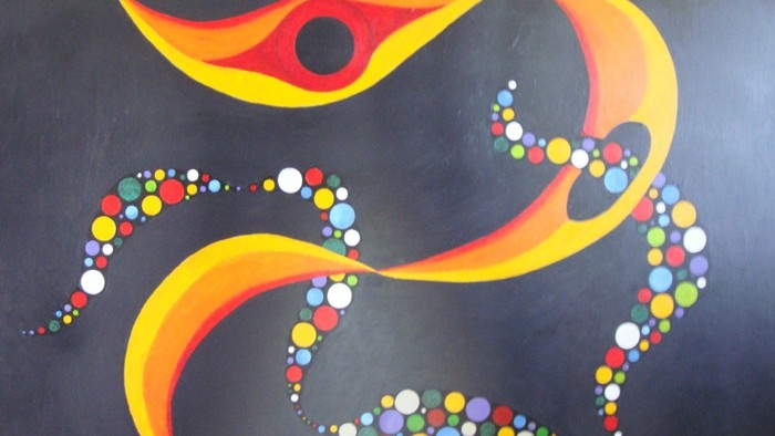 Abstrakt hvirvlende design med levende farver og flerfarvede prikker, der danner dynamiske, flydende mønstre.