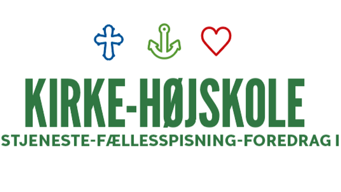 Kirkelogo med kors-, anker- og hjertesymboler samt tekst på dansk