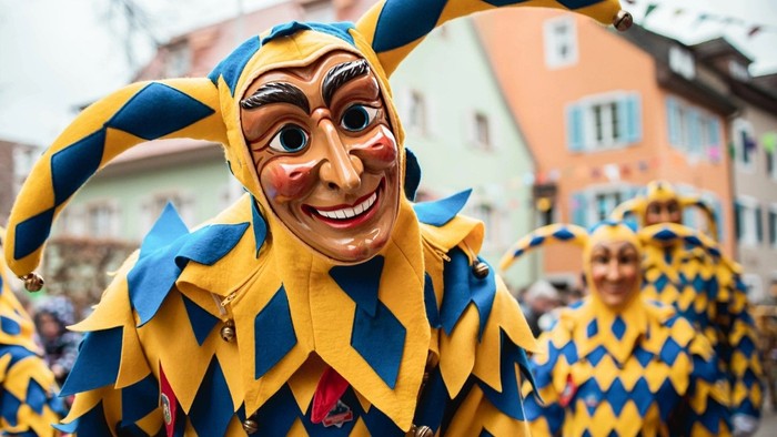 Menschen in bunten Narrenkostümen mit großen Masken ziehen vor Gebäuden vorbei.