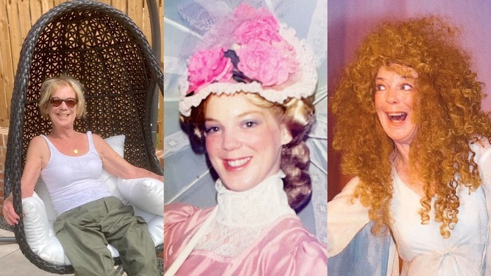 Three women in various costumes and wigs, one with a large hat, one in a historical dress, and one with curly red hair.