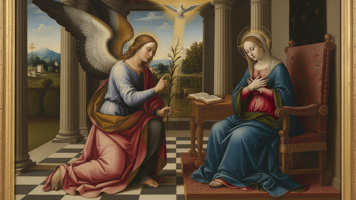 En engel overrækker en lilje til en siddende kvinde; begge er klædt i prægtige dragter med et kors i baggrunden.