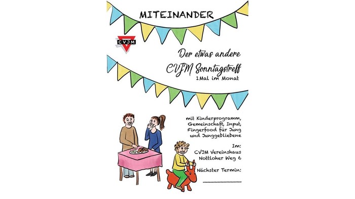 Ein buntes Fest mit Kindern und Erwachsenen, Banner mit Text 