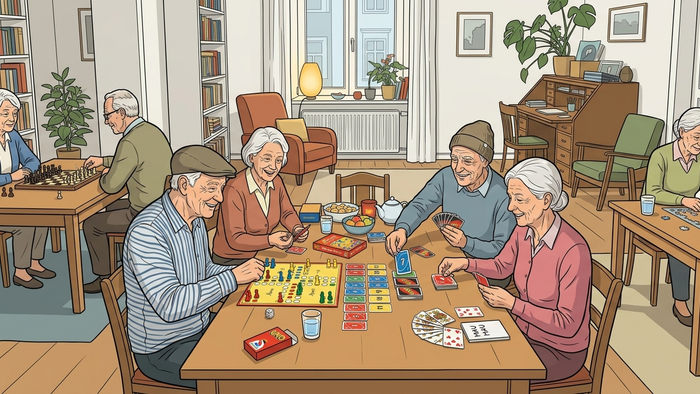 Eine lebhafte Gruppe von Senioren genießt Brettspiele und Gespräche in einem gemütlichen, gut ausgestatteten Bibliotheksraum.