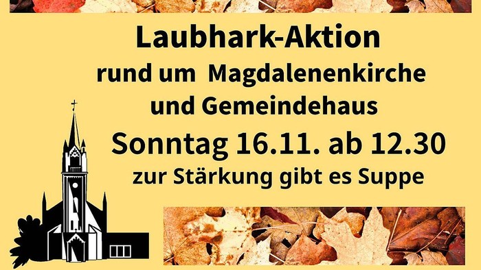 Plakat mit Laub im oberen und unteren Bereich. Links unten eine Grafik der Magdalenenkirche. In der Mitte der Text.