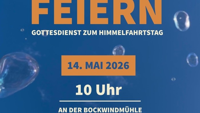 Plakat kündigt einen Himmelfahrtstag-Gottesdienst am 14. Mai 2026 um 10 Uhr in der Bockwindmühle Lindhorst an.
