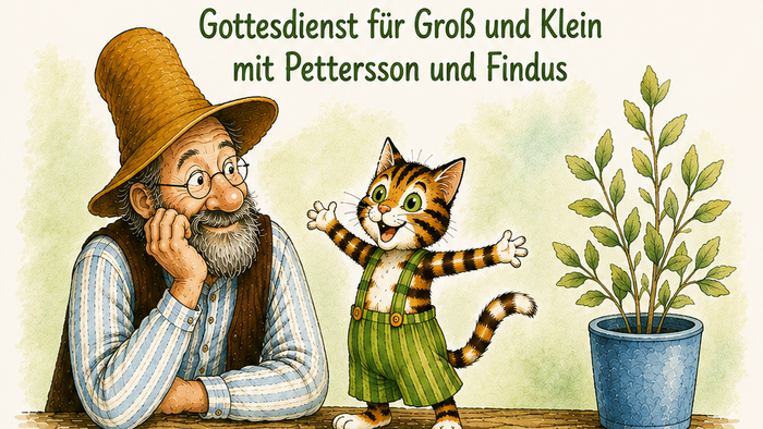 Ein charmanter Kirchenveranstaltungsplakat mit einem Mann und einer Katze, die einen Gottesdienst mit Kaffee und schwedischen Leckereien feiern.